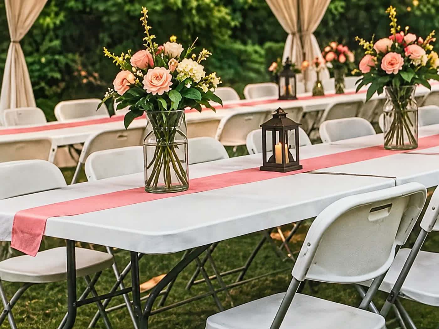 Rows of 6 ft folding tables with white folding chairs, pink table runners, rose centrepieces and lanterns set up on grass under a tent