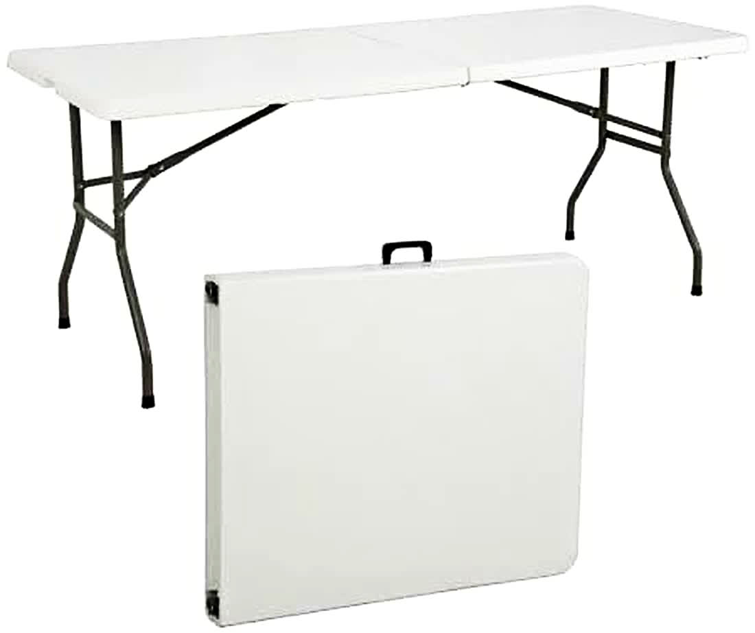 6 ft white folding table shown set up and folded flat for transport